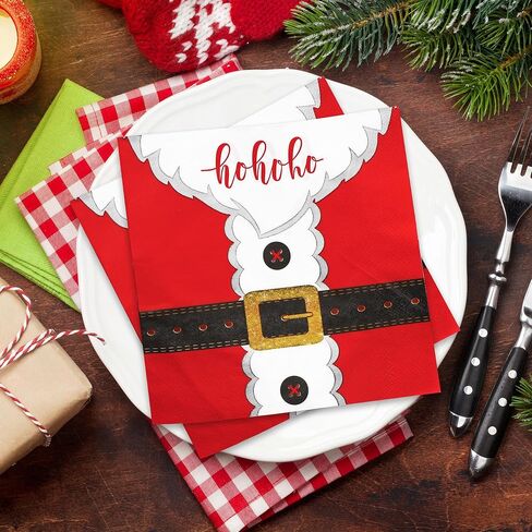 100 قطعة من مناديل عيد الميلاد، 4 طبقات مقاس 6.5 × 6.5 بوصة، مناديل عيد الميلاد الورقية للاستعمال مرة واحدة، مناديل حفلات عيد الميلاد، تصميم مشبك حزام سانتا، مناديل غداء العشاء لتزيين طاولات عيد الميلاد، مستلزمات الحفلات in Kuwait