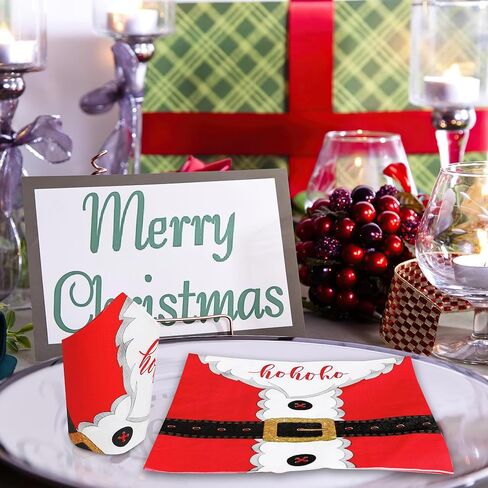 100 قطعة من مناديل عيد الميلاد، 4 طبقات مقاس 6.5 × 6.5 بوصة، مناديل عيد الميلاد الورقية للاستعمال مرة واحدة، مناديل حفلات عيد الميلاد، تصميم مشبك حزام سانتا، مناديل غداء العشاء لتزيين طاولات عيد الميلاد، مستلزمات الحفلات in Kuwait