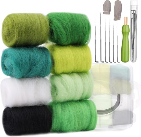 Zlulary Needle Felting Kit, Needle Felting Starter Kit, 8 Colors Wool Roving for Needle Felting, Fibre Wool Yarn Roving with Plastic Storage Box, Wool Felt Tools with Felting Needles (Dark) in Kuwait