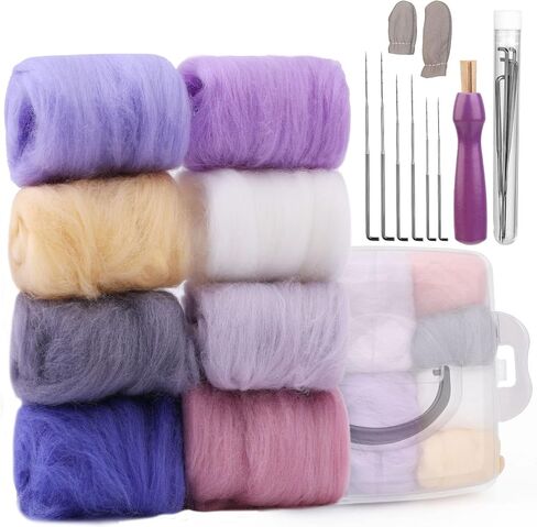 Zlulary Needle Felting Kit, Needle Felting Starter Kit, 8 Colors Wool Roving for Needle Felting, Fibre Wool Yarn Roving with Plastic Storage Box, Wool Felt Tools with Felting Needles (Dark) in Kuwait