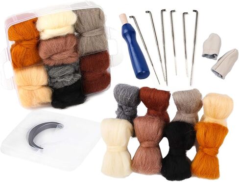 Zlulary Needle Felting Kit, Needle Felting Starter Kit, 8 Colors Wool Roving for Needle Felting, Fibre Wool Yarn Roving with Plastic Storage Box, Wool Felt Tools with Felting Needles (Dark) in Kuwait