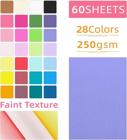 60 Sheets Textured Colorful Card Stock 28 Multicolor Cardstock 250 gsm Faint Texture, Single-Sided Printed Colored Paper for Card Making, Scrapbooking, Paper Craft in Kuwait