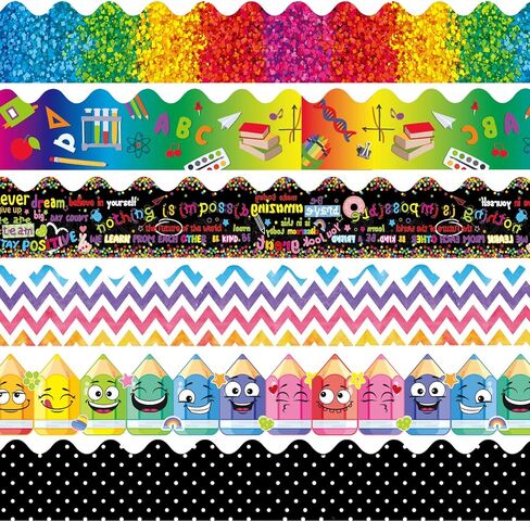 Geyee 84 Pieces 83 Feet Classroom Bulletin Board Borders Scalloped Rainbow Bulletin Board Trim Adhesive Decorations Colorful for Chalkboard, 6 Designs(Chic Style) in Kuwait