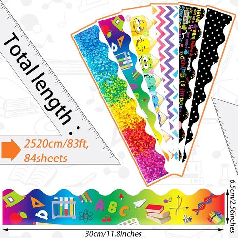 Geyee 84 Pieces 83 Feet Classroom Bulletin Board Borders Scalloped Rainbow Bulletin Board Trim Adhesive Decorations Colorful for Chalkboard, 6 Designs(Chic Style) in Kuwait