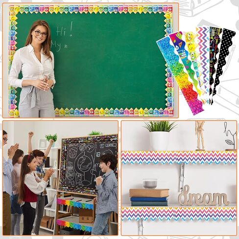 Geyee 84 Pieces 83 Feet Classroom Bulletin Board Borders Scalloped Rainbow Bulletin Board Trim Adhesive Decorations Colorful for Chalkboard, 6 Designs(Chic Style) in Kuwait