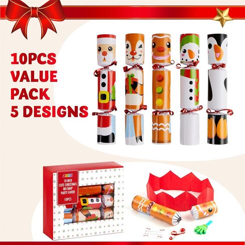 JOYIN 10 Pack Christmas Party Table Favor with Cute Christmas Characters, with Party Hat, Joke & Little Gift Inside, for Xmas Gift, Christmas Seasonal Holiday Dinner Traditions in Kuwait