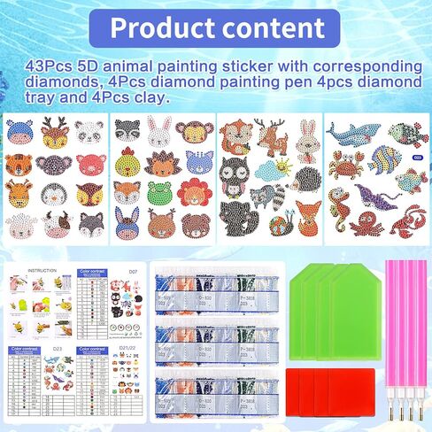 43Pcs 5D Diamond Painting Stickers Kits for Kids,Animal Diamond Painting Stickers by Numbers,DIY Diamond Art Mosaic Stickers,Art Craft Animal Stickers Painting with Diamonds for Kids Beginners in Kuwait