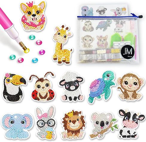 JM House 5D Diamond Painting Stickers Kits for Kids, 12Pcs Animals Gem Diamond Art for Kids,DIY Mosaic Stickers with Dots, Arts and Crafts Best Tween Gifts for Boys and Girls Age 4-6,6-8,8-10 in Saudi Arabia