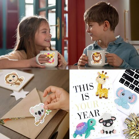 JM House 5D Diamond Painting Stickers Kits for Kids, 12Pcs Animals Gem Diamond Art for Kids,DIY Mosaic Stickers with Dots, Arts and Crafts Best Tween Gifts for Boys and Girls Age 4-6,6-8,8-10 in Saudi Arabia