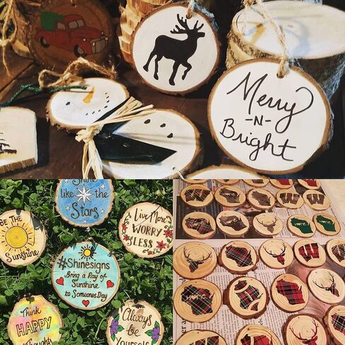 شرائح خشبية طبيعية مع فتحات من ATDAWN، 30 قطعة دوائر خشبية غير مكتملة مقاس 3.5-4 بوصات، مجموعة خشبية يدوية، زخارف عيد الميلاد مصنوعة يدويًا in Kuwait