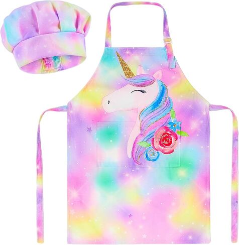 MHJY Kids Apron Chef Hat Set,Cooking Kitchen Apron for Girls Boys Adjustable Child Apron with Pockets in Kuwait