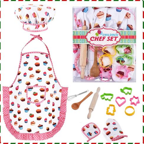 HmiL-U Chef Set for Kids - 13 Pcs Kids Cooking and Baking Set Includes Kids Apron, Chef Hat, Utensils, Cooking Mitt for Kids Chef Role Play Set , Gift for 3 Year Old Girls and up(Blue) in Kuwait