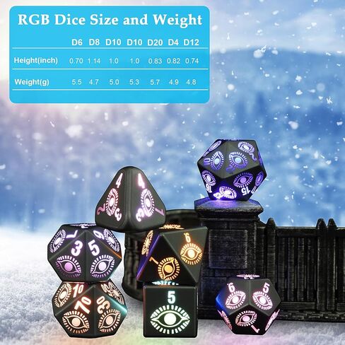 مجموعة نرد DND LED قابلة لإعادة الشحن من LOOKDNDS مع صندوق شحن - نرد LED، نرد مضيء مقاوم للماء، 7 قطع من النرد الإلكتروني المتوهج والزنزانات والتنينات - مجموعة D&D متعددة السطوح للعبة طاولة آر بي جي in Kuwait