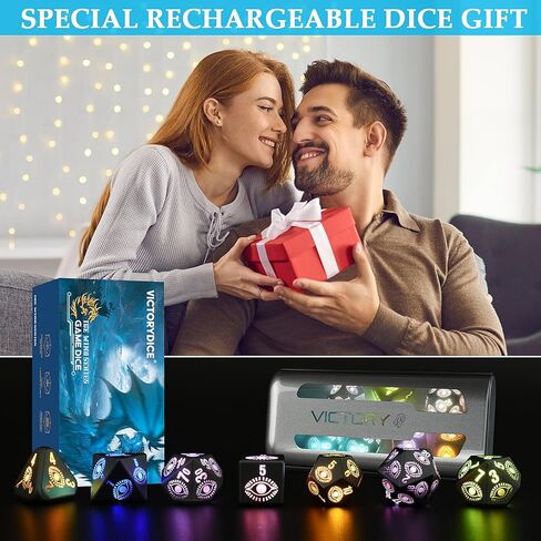 مجموعة نرد DND LED قابلة لإعادة الشحن من LOOKDNDS مع صندوق شحن - نرد LED، نرد مضيء مقاوم للماء، 7 قطع من النرد الإلكتروني المتوهج والزنزانات والتنينات - مجموعة D&D متعددة السطوح للعبة طاولة آر بي جي in Kuwait
