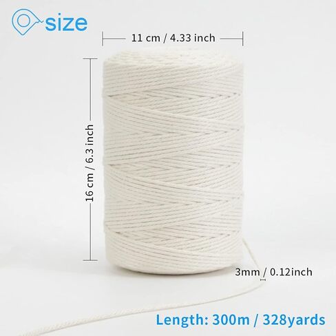 Macrame Cord, DAOFARY 100% Natural Cotton Rope 3mm x 328 Yards 4 Strand Twisted Macrame Rope Cotton Twine String for DIY Crafts Knitting Dream Catcher Plant Hanger Wedding Decor in Kuwait