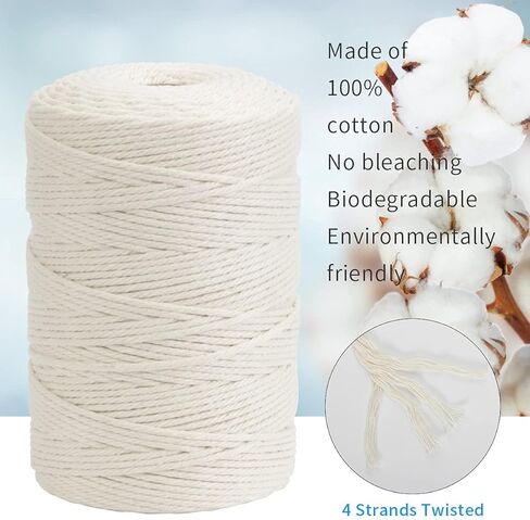 Macrame Cord, DAOFARY 100% Natural Cotton Rope 3mm x 328 Yards 4 Strand Twisted Macrame Rope Cotton Twine String for DIY Crafts Knitting Dream Catcher Plant Hanger Wedding Decor in Kuwait
