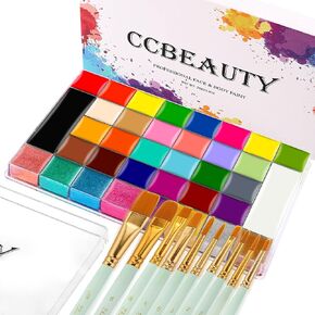 طلاء الوجه 36 لونًا من CCbeauty، مجموعة طلاء الوجه الاحترافية، مجموعة لوحة طلاء الجسم النيون، مجموعة مكياج SFX ذات تأثير خاص غير سام، أزياء الهالوين التنكرية للبالغين، مسحوق فضفاض شفاف، 10 فرش