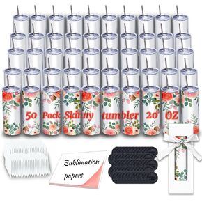 ZONEGRACE 50 Pack Sublimation Tumblers bulk 20 oz Skinny,Stainless Steel Straight Sublimation Tumbler Cups Wholesale Blank White with Lid, Straw, Individually Boxed,Polymer Coating for Heat Transfer in Kuwait