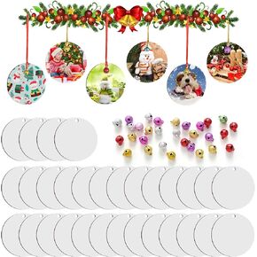 30 Pcs Sublimation Ornament Blanks, AMDAILY 2.75" Christmas Sublimation Blank Ornaments Double Side MDF Christmas Crafts w/30 Pcs Scrub Bells Red & Golden String for Personalized Christmas Tree Décor in Kuwait