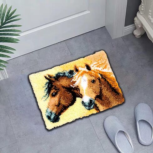 TEZKIM DIY Latch Hook Rug Kits for Adults Kids Beginners Doormat Horse Tapestry Kits with Printed Canvas Carpet Rug Making Kits Needlework Creative Gift Home Decoration 20.5Inch X13.8Inch in Kuwait