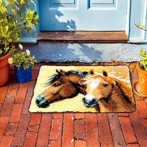TEZKIM DIY Latch Hook Rug Kits for Adults Kids Beginners Doormat Horse Tapestry Kits with Printed Canvas Carpet Rug Making Kits Needlework Creative Gift Home Decoration 20.5Inch X13.8Inch in Kuwait