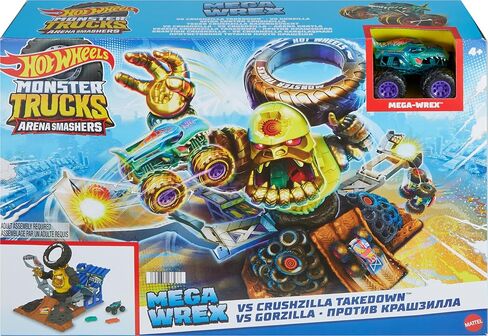 Hot Wheels Monster Trucks Arena Smashers Mega-Wrex vs. Crushzilla Takedown with 1:64 Scale Mega-Wrex Toy Truck and 6 Crushable Cars in Saudi Arabia