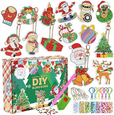مجموعات سلاسل المفاتيح للرسم الماسي لعيد الميلاد من Dear Deer، 15 قطعة من الفنون والحرف اليدوية للأطفال من سن 3 سنوات فما فوق، ملصقات رسم ماسية للأطفال مجموعة الطلاء حسب الأرقام، زينة عيد الميلاد DIY in Kuwait
