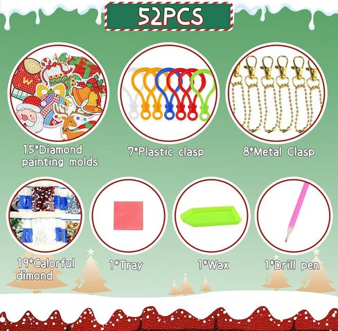 مجموعات سلاسل المفاتيح للرسم الماسي لعيد الميلاد من Dear Deer، 15 قطعة من الفنون والحرف اليدوية للأطفال من سن 3 سنوات فما فوق، ملصقات رسم ماسية للأطفال مجموعة الطلاء حسب الأرقام، زينة عيد الميلاد DIY in Kuwait