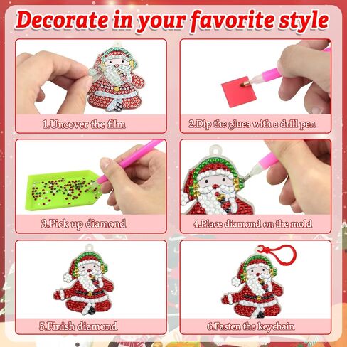 مجموعات سلاسل المفاتيح للرسم الماسي لعيد الميلاد من Dear Deer، 15 قطعة من الفنون والحرف اليدوية للأطفال من سن 3 سنوات فما فوق، ملصقات رسم ماسية للأطفال مجموعة الطلاء حسب الأرقام، زينة عيد الميلاد DIY in Kuwait