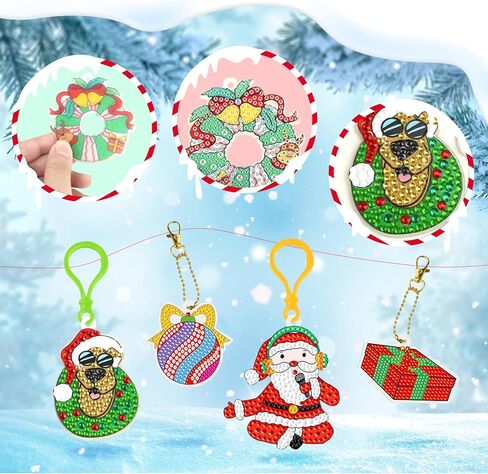 مجموعات سلاسل المفاتيح للرسم الماسي لعيد الميلاد من Dear Deer، 15 قطعة من الفنون والحرف اليدوية للأطفال من سن 3 سنوات فما فوق، ملصقات رسم ماسية للأطفال مجموعة الطلاء حسب الأرقام، زينة عيد الميلاد DIY in Kuwait