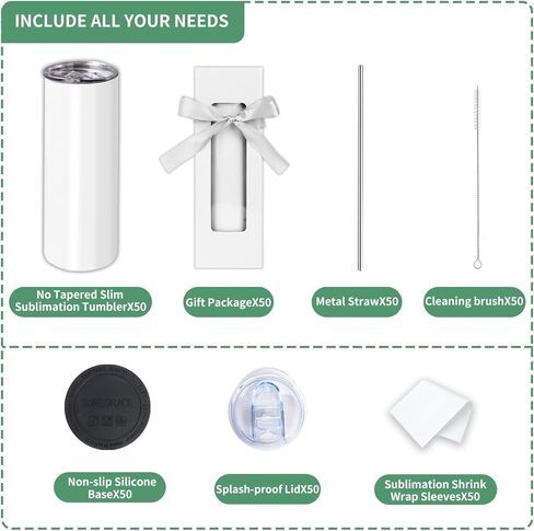 ZONEGRACE 50 Pack Sublimation Tumblers bulk 20 oz Skinny,Stainless Steel Straight Sublimation Tumbler Cups Wholesale Blank White with Lid, Straw, Individually Boxed,Polymer Coating for Heat Transfer in Kuwait