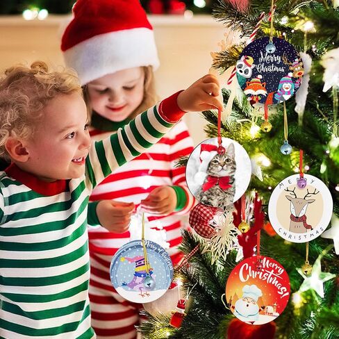 30 Pcs Sublimation Ornament Blanks, AMDAILY 2.75" Christmas Sublimation Blank Ornaments Double Side MDF Christmas Crafts w/30 Pcs Scrub Bells Red & Golden String for Personalized Christmas Tree Décor in Kuwait