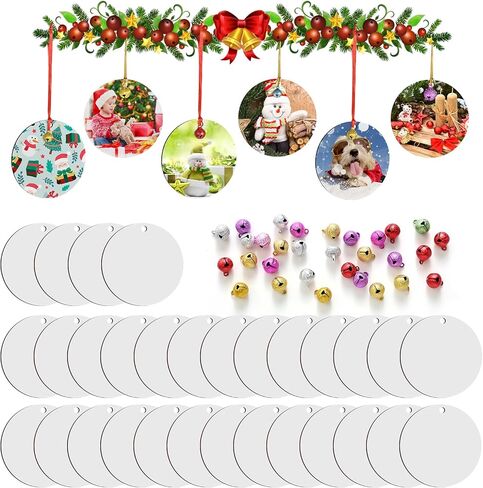30 Pcs Sublimation Ornament Blanks, AMDAILY 2.75" Christmas Sublimation Blank Ornaments Double Side MDF Christmas Crafts w/30 Pcs Scrub Bells Red & Golden String for Personalized Christmas Tree Décor in Kuwait