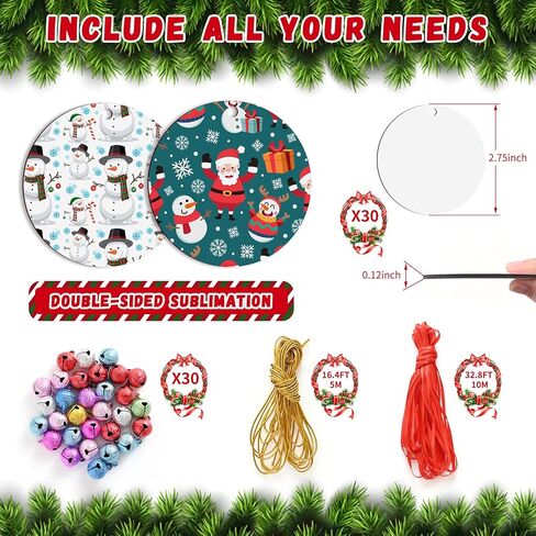 30 Pcs Sublimation Ornament Blanks, AMDAILY 2.75" Christmas Sublimation Blank Ornaments Double Side MDF Christmas Crafts w/30 Pcs Scrub Bells Red & Golden String for Personalized Christmas Tree Décor in Kuwait