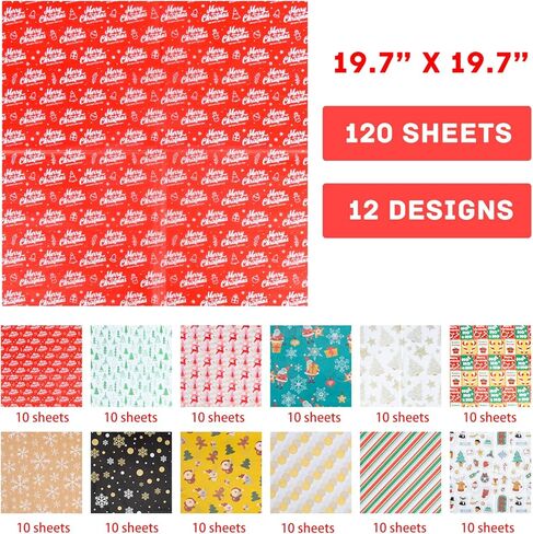 jroyjoy عيد الميلاد المناديل الورقية 12 لونا 120 ورقة 19.7 "× 19.7" عطلة هدية التفاف المناديل الورقية لعيد الميلاد صناديق الهدايا أكياس عيد الميلاد هدية ورق التغليف لزجاجات النبيذ هدية المناديل الورقية in Kuwait