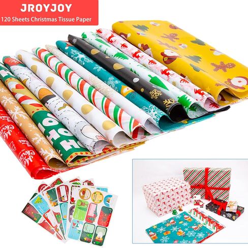 jroyjoy عيد الميلاد المناديل الورقية 12 لونا 120 ورقة 19.7 "× 19.7" عطلة هدية التفاف المناديل الورقية لعيد الميلاد صناديق الهدايا أكياس عيد الميلاد هدية ورق التغليف لزجاجات النبيذ هدية المناديل الورقية in Kuwait