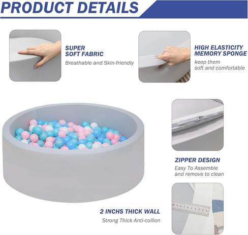 Foam Ball Pit for Toddlers 35.4 x 11.8 inch Soft Round Baby Ball Pit for Babies Playroom and Indoor Outdoor, Baby Playpen Ball Pool Ball Pit of Ideal Gift for Children - Grey in Kuwait