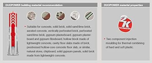 fischer DuoPower 1/4" x 1-3/16", Powerful Universal Plug with Intelligent 2-Component Technology for fastenings in Concrete, Bricks, Gypsum plasterboard, chipboard, etc., 100 Plugs Without Screws in Saudi Arabia