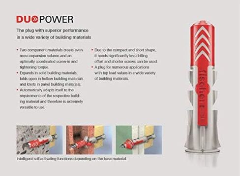 fischer DuoPower 5/16" x 1-5/8", Powerful Universal Plug with Intelligent 2-Component Technology for fastenings in Concrete, Bricks, Stone, Gypsum plasterboard, etc., 100 Plugs Without Screws in Saudi Arabia