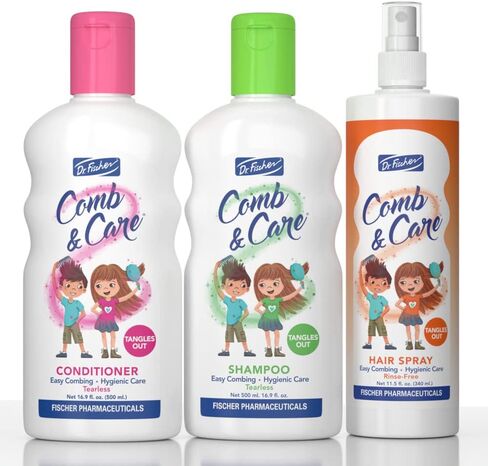 Dr. Fischer Comb & Care Kids Shampoo, Conditioner, Hair Spray Set - Tearless, Tangle-Free Kids Shampoo and Conditioner - Toddler Shampoo and Conditioner, Kids Hair Detangler Spray - Hair Care for Kids in Saudi Arabia