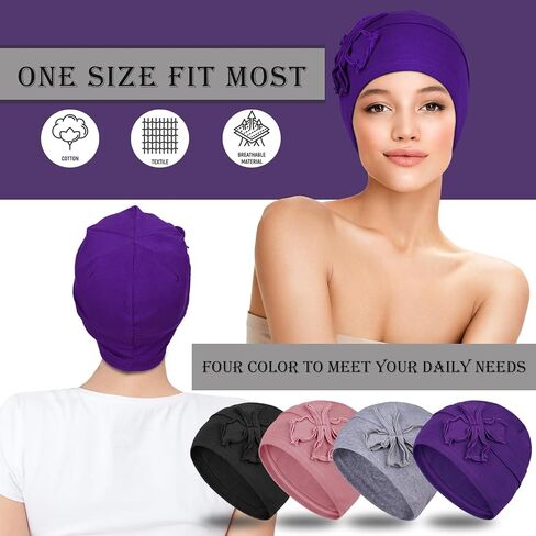DACKRITO 4 Pieces Cotton Chemo Turbans Headwear Beanie for Women, Chemo Caps with Floral for Cancer Patient Hair Loss in Kuwait
