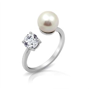 Amazon Collection Platinum Plated Sterling Silver Infinite Elements Cubic Zirconia Freshwater Pearl Ring