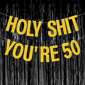 50th Birthday Decorations Banner for Women Men Pre-Strung Gold Glitter Birthday Party Decor Sign Funny 50th Bday Party Supplies Holy Shit You're 50 Birthday Banner Party Decoration