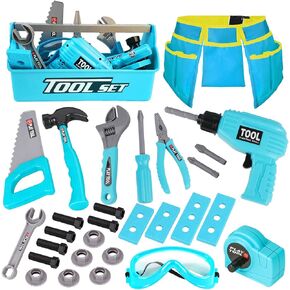 LOYO Kids Toys Tool Set - Pretend Play Construction Toy with Tool Box Kids Tool Belt Electronic Toy Drill Construction Accessories Gift for Toddlers Boys Ages 3 , 4, 5, 6, 7 Years Old (Blue)