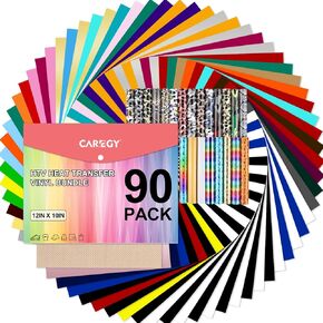 CAREGY HTV Heat Transfer Vinyl Bundle: 90 Pack 12" x 10" Iron on Vinyl for T-Shirt, 53 Assorted Colors for All Cutter Machine or Heat Press Machine