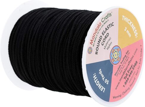 Elastic String for Masks 1/8 Inch Elastic Cord for Mask Ear Loops; 3mm 50 Yards Black Round Elastic Band by Mandala Crafts in Kuwait