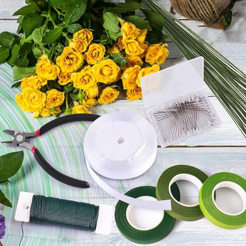 GLAMFIELDS Floral Arrangement Kit with Cutter, 5 Rolls 1/2" Wide Floral Tapes, 100 pcs 26 Gauge Floral Stem Wire, 1 Roll 22 Gauge Floral Wire for Bouquet Stem Wrapping and Floral Crafts in Kuwait