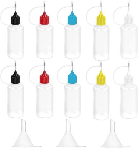 10 قطع 2 أونصة زجاجة ذات طرف دقيق 60 مل زجاجات غراء شفافة غطاء متعدد الألوان مع قطعتين قمع صغير، لطلاء الأكريليك بالحبر الكحولي in Kuwait