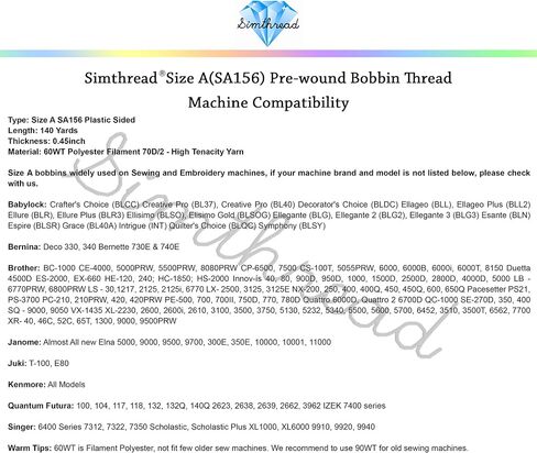 Simthread 144 Prewound Bobbin Thread Size L 60WT (SA155) for Husqvarna Viking pfaff Creative Vision Embroidery Machines Plastic Side - White in Kuwait