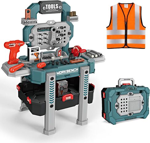 Deejoy Kids Tool Bench with Realistic Tools and Electric Drill, 79 Pcs Transformable Kids Tool Set with Clothes, Toddler Tool Bench Pretend Play Learning Gift for Boys & Girls Age 3-5 (Green) in Kuwait